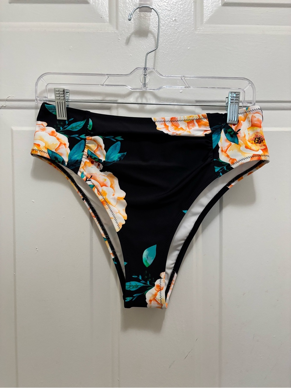 Cupshe Black High Waist Bikini Bottoms with Teal Leaves and Peach Floral Print